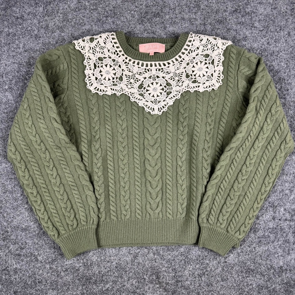 BAPY Sweater Womens Size S Olive Green Wool Cable Knit Lace Collar NWT